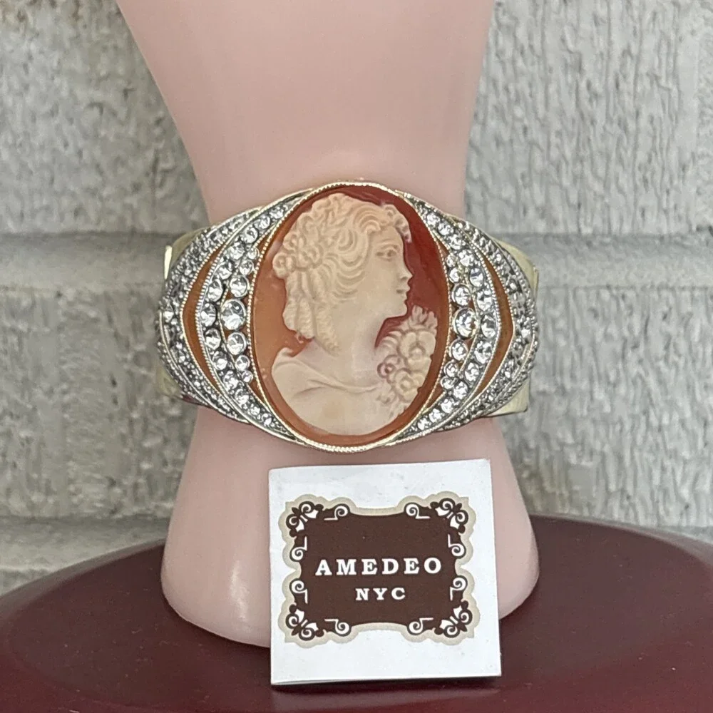 Amedeo NYC Cameo Shell Crystal Hinged Chunky Wide Gold Bangle Bracelet 6.5-7